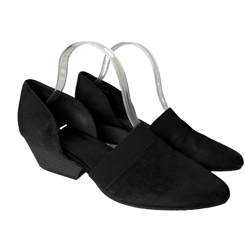 Eileen Fisher Black Suede d'Orsay Pointed Toe Flats Elastic Strap Womens Size 10